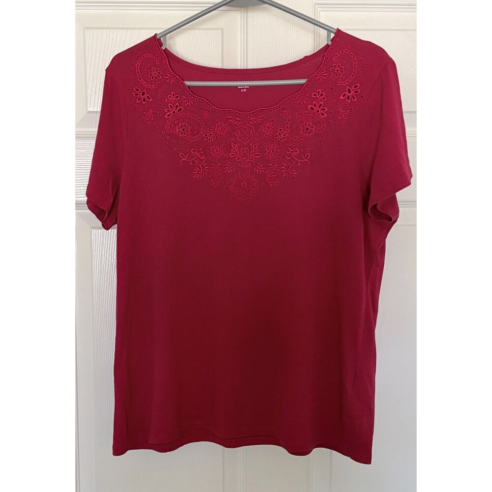 Laura Scott Women’s Dark Red Embroidered Eyelet Cotton Top Short Sleeve L